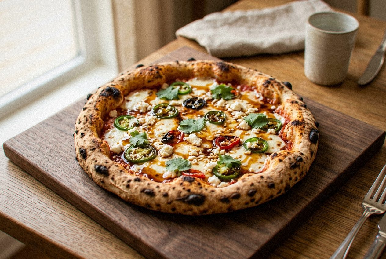 Wood-fired pizza fresh from the oven — Basil Pizza Bar, sister kitchen in the Bread and Butter Catering Group